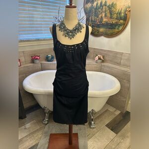 Like New Suzi Chin Navy Sexy Fitted Ruched Short Dress w Metal Embellished